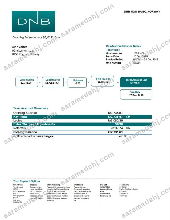Norway DNB utility bill template in Word and PDF format